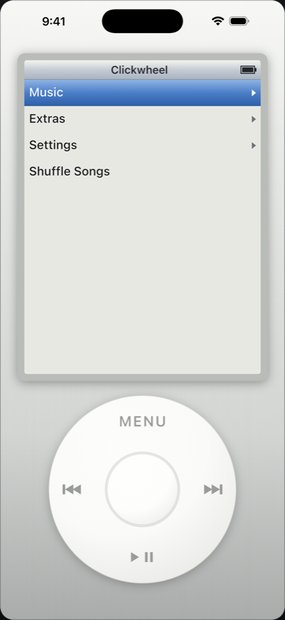 Main menu with Music, Extras, Settings and Shuffle Songs.